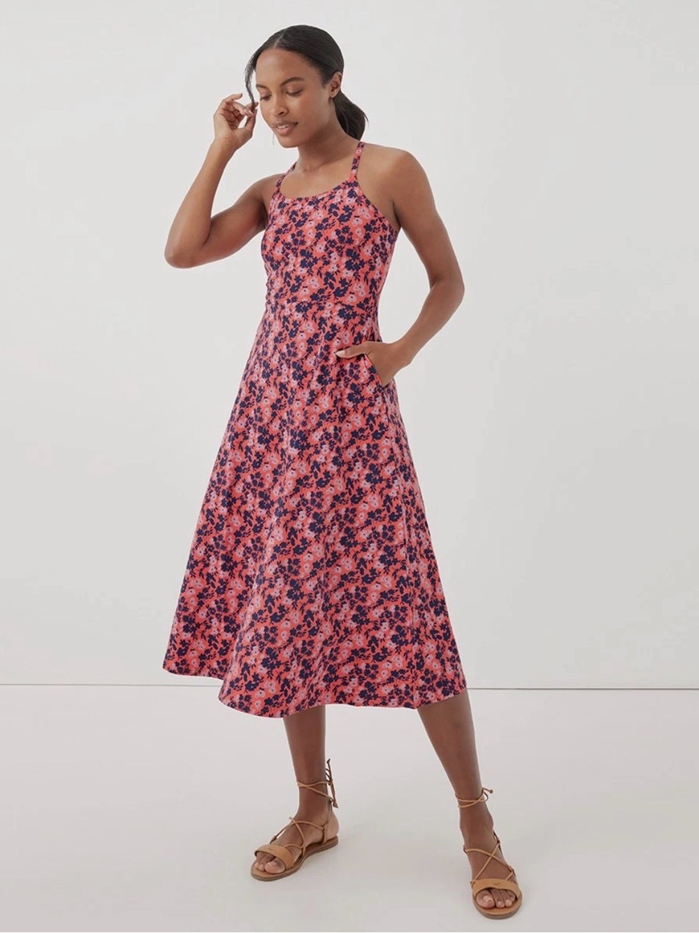 PACT Organic Cotton Fit & Flare Open Back Dress Sweet Floral Cayenne XS
